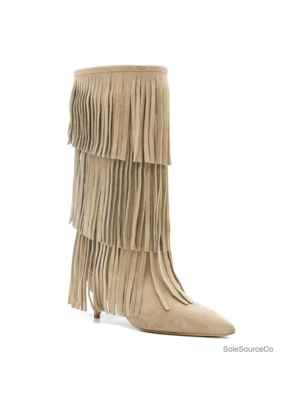 Faux Suede Fringe Knee High Western Boots Kitten Heel Pointed Toe Women